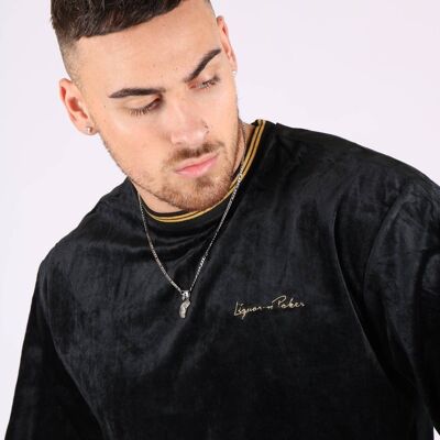 Liquor n Poker - Playas slim fit velour sweater in black with gold trim
