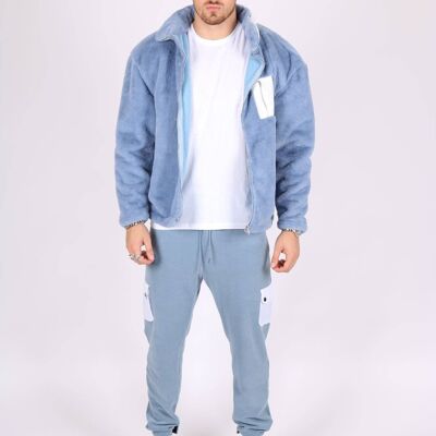 Liquor n Poker - Utility fur jacket in baby blue with white nylon pockets