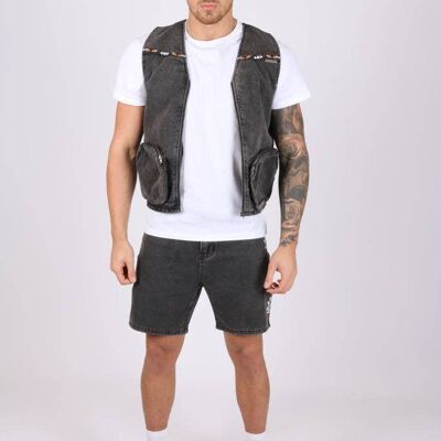 Liquor N Poker co-ord gilet  in washed black denim with aztec embroidery