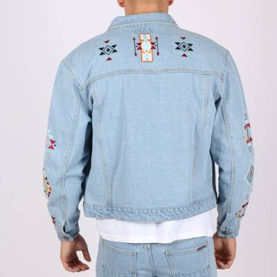 Liquor N Poker co-ord oversized trucker jacket in lightwash blue denim with aztec embroidery