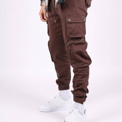 Liquor n Poker denim cargo trouser with bubble pockets in chocolate brown