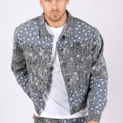 Liquor N Poker oversized trucker jacket in black floral and blue paisley splicing