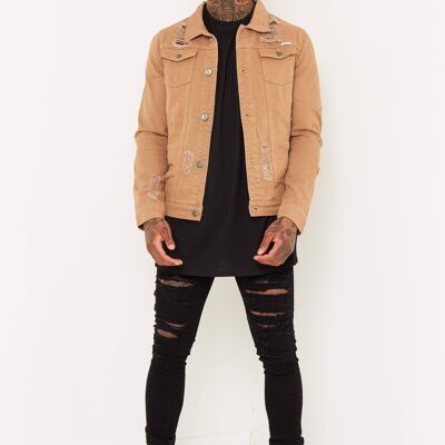 Norton Denim Jacket In Tan With Distressing