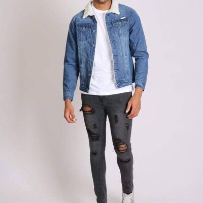 Norton fitted denim jacket with borg collar in dark indigo