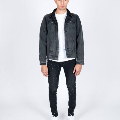 Norton slim fit denim jacket with borg collar in washed black