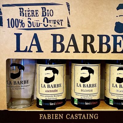 Bière La Barbe-Box mit 3 Bio-Craft-Bieren + 1 Siebdruckglas