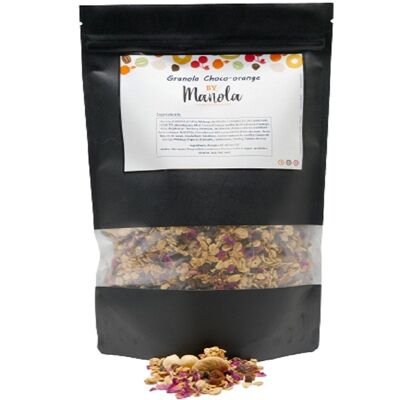 350gr-Beutel: Schokoladen-/Orangen-Granola: HAFERflocken, Honig, MANDELN, HASELNÜSSE und geröstete Kürbiskerne, Orangenschale