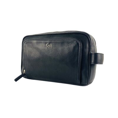 K0025AB | Beauty Case with side handle in genuine full-grain leather with light grain – Black colour. Zip closure, Dimensions: 25 x 16 x 12 cm. Packaging: Tnt bag