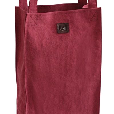 K0017XB | Sac Double Porte Bouteille Luxe en Toile / Cuir Véritable Pleine Fleur, volant d'inertie. Couleur Bordeaux/Testa Moro. Capacité : 2 bouteilles. Dimensions : 22 x 37 x 10 cm Conditionnement : Polybag