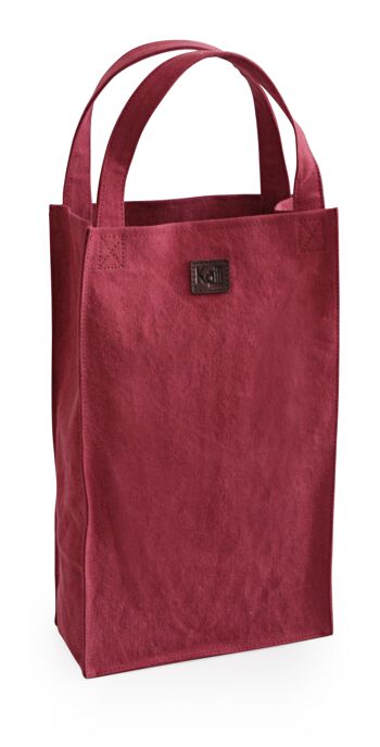 K0017XB | Sac Double Porte Bouteille Luxe en Toile / Cuir Véritable Pleine Fleur, volant d'inertie. Couleur Bordeaux/Testa Moro. Capacité : 2 bouteilles. Dimensions : 22 x 37 x 10 cm Conditionnement : Polybag