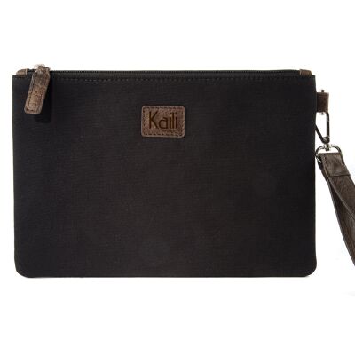 K0027AB | Wrist Pouch in Canvas/Genuine Full Grain Volanata Leather - Black/Dark Brown Color - Polished Nickel Accessories. Dimensions: 25.5 x 17.5 x 1 cm - Packaging: Tnt bag