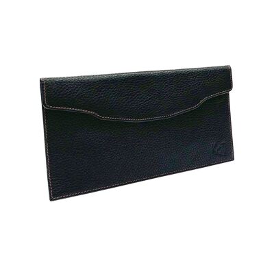 K0034AB | Flat Pouch in genuine full-grain leather, dollar grain - Black colour. Closing flap with automatic button. Dimensions: 22.5 x 12.5 x 0.5 cm - Packaging: Tnt bag