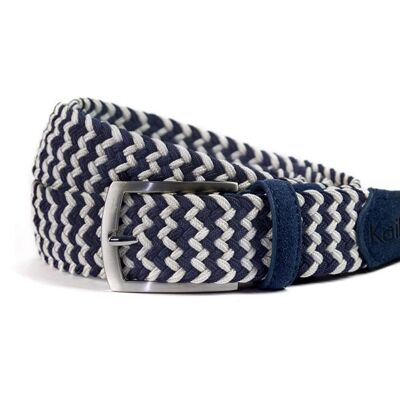 K4004JB | Braided Elastic/Leather Belt. Blue/Ecru colour. Satin Nickel Buckle. Dimensions: 120x3.5x0.5 cm (waistline 105 cm). Packaging: rigid bottom/lid Gift Box