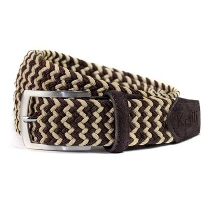 K4004HB | Braided Elastic/Leather Belt. Dark Brown/Cord colour. Satin Nickel Buckle. Dimensions: 120x3.5x0.5 cm (waistline 105 cm). Packaging: rigid bottom/lid Gift Box