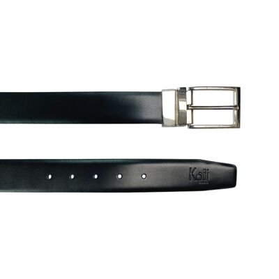 K4002AFB | Ceinture Homme Double Face en Cuir Véritable, Lisse et Daim. Couleur Noir / Gris. Dimensions : 125 x 3,5 x 0,5 cm (tour de taille 110 cm). Conditionnement : Boîte cadeau fond/couvercle rigide