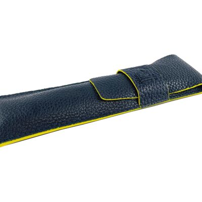 K0028DB | Case for pens in genuine full-grain leather, grained dollar - Blue color with yellow edges - Dimensions: 4.5 x 16.5 x 1 cm - Packaging: Tnt bag