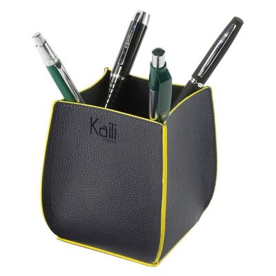 K0032DB | Desk Pen Holder in Genuine Leather, full grain, dollar grain. Color Blue with Yellow edges. Dimensions: 8.5 x 8.5 x 12 cm. Packaging: Tnt bag