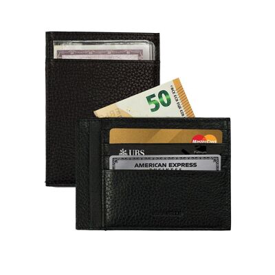 K10307AB | RFID Protection Document/Card Holder in Genuine Full-grain Leather, dollar grain. Black colour. Dimensions: 12 x 9 x 0.5 cm. Packaging: rigid bottom/lid Gift Box