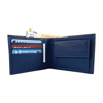 K10203DB | Men's Wallet in Genuine Full-grain Leather, with light grain. Blue colour. Pocket for coins. Dimensions when closed: 12.5 x 9.3 x 1 cm. Packaging: rigid bottom/lid Gift Box