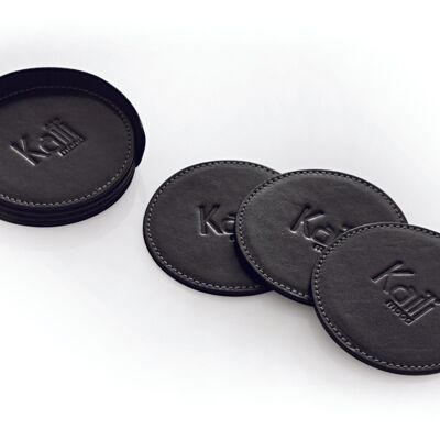 K0007AB | 6-piece coaster set in genuine full-grain leather, smooth. Coaster dimension: ø 9 cm, Coaster holder dimension: ø 9 x 3.0 cm. Packaging: Tnt bag