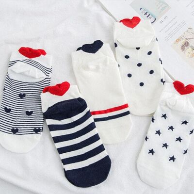 Chaussettes fantaisies marinières - coeurs - Caroline - Lot de 5 paires