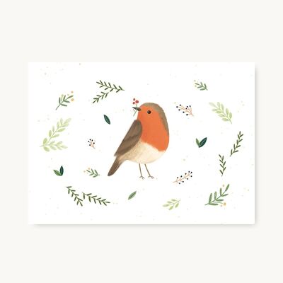 Postcard Robin in a wreath of leaves