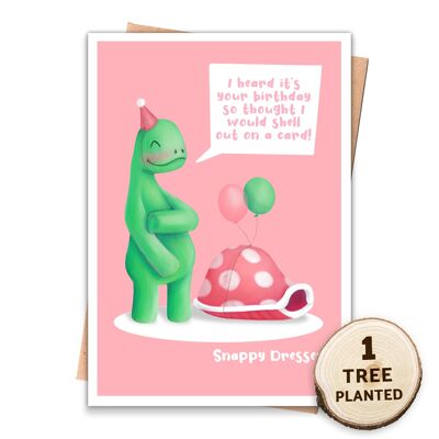 Geburtstagskarte mit lustiger Schildkröte aus recyceltem Material und Samen. Bissige Kommode nackt