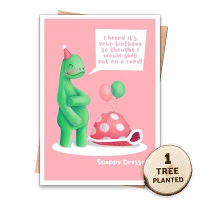 Biglietto d'auguri e semi di tartaruga divertente riciclato. Comò scattante nudo