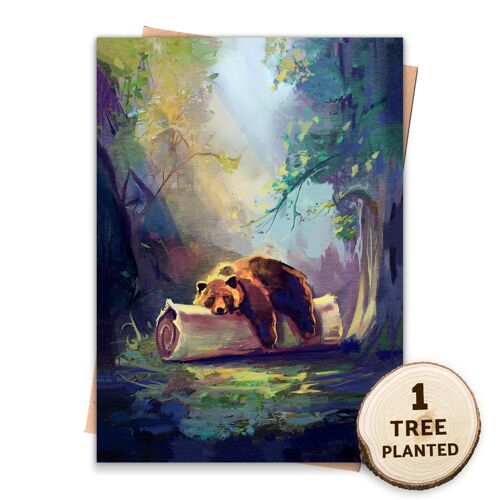 Nature Eco Friendly Card. Flower Seed & Tree. Sleeping Bear Naked