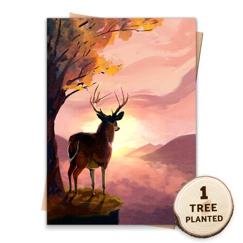 Scenic Eco Tree Card. Bee Friendly Flower Seed. Sunset Deer Naked
