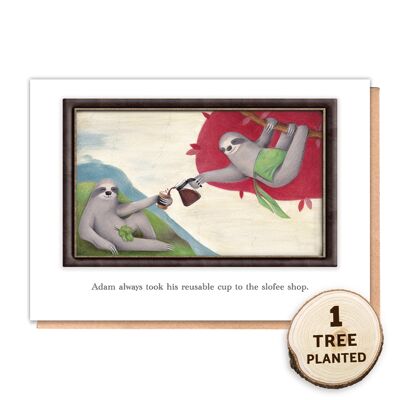 Carta di bradipo divertente a zero rifiuti e regalo di semi ecologici. La Coppa di Adamo nudo