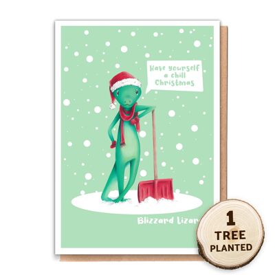 Cartolina di Natale a rifiuti zero, regalo di semi di fiori. Blizzard lucertola nuda