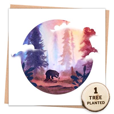 Waldkarte + pflanzbares Blumensamen-Öko-Geschenk. Wandernder Bär nackt