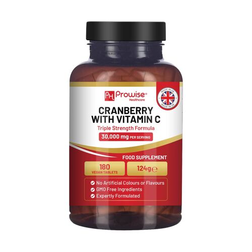 Triple Strength Cranberry 30,000mg Added with Vitamin C I 180 Vegan Tablets I UTI Support for Women I Easy to Swallow Tablets I Made in the UK by Prowise Healthcare