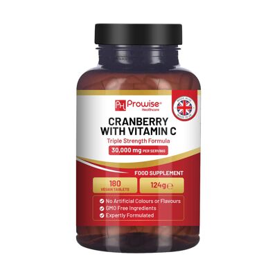 Cranberry in dreifacher Stärke 30.000 mg mit Vitamin C I 180 vegane Tabletten I HWI-Unterstützung für Frauen I Leicht zu schluckende Tabletten I Hergestellt in Großbritannien von Prowise Healthcare