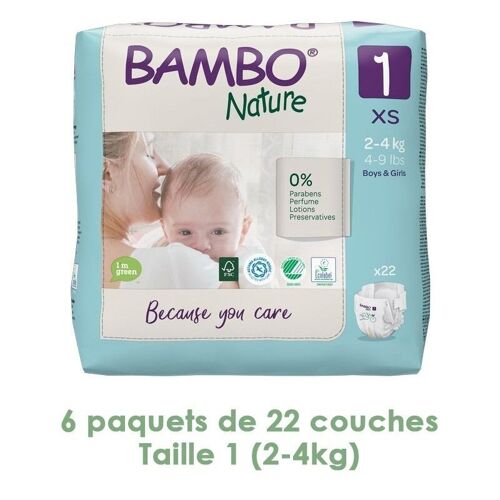 Couches Bambo Nature Newborn T1 (2-4 kg) - 6 paquets de 22