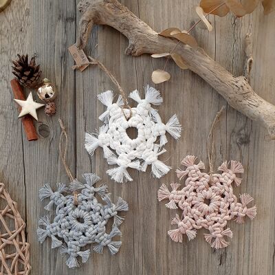 Groa di fiocchi di neve macramè per albero di Natale, ornamenti per alberi pendenti boho, ornamenti per alberi di Natale