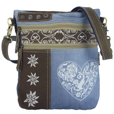 Domelo Trachtentasche Dirndl Tasche. Oktoberfest Umhängetasche . Kleine Crossbody Bag aus recycelte Jeans Canvas & Leder