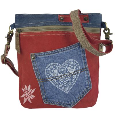 Domelo Trachtentasche Dirndl Tasche. rote Oktoberfest Umhängetasche. Kleine Crossbody Bag aus recycelte Jeans Canvas & Leder