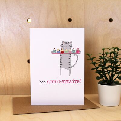 Happy Birthday Cat (bon anniversaire!) - French Greetings Card (PS714)