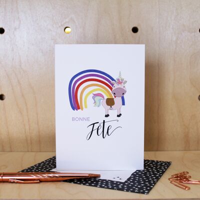 Happy Birthday Unicorn (Bonne Fete) - French Greetings Card