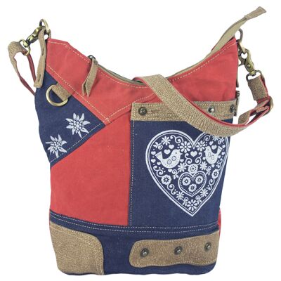 Domelo Trachtentasche Dirndl Tasche. Rote Oktoberfest Umhängetasche. Großee Crossbody Bag aus recycelte Jeans Canvas & Leder.