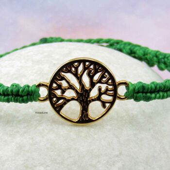 Bracelet micro-macramé vert avec arbre de vie 2