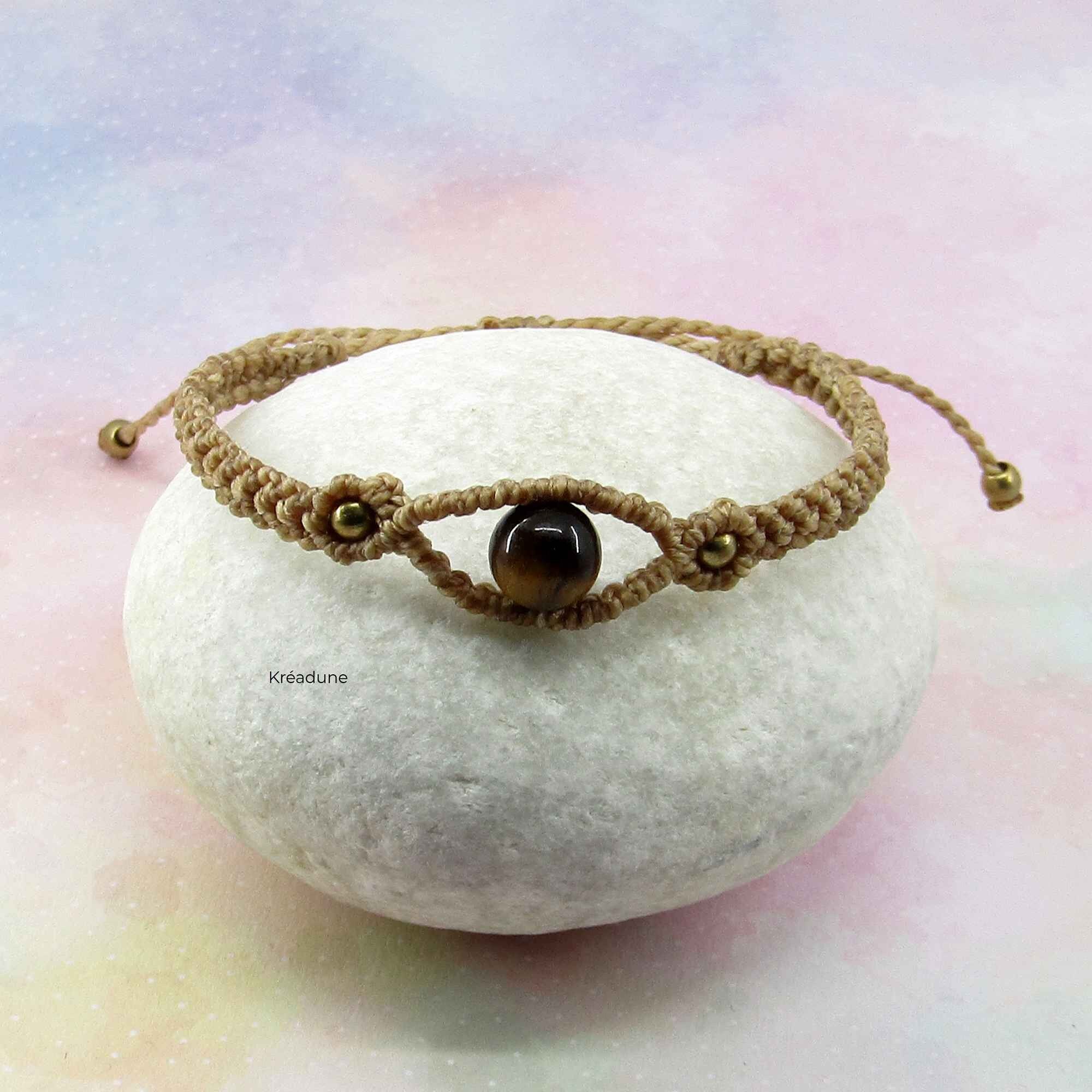 Bracelet micro-macramé marron clair et Oeil de tigre - Daya