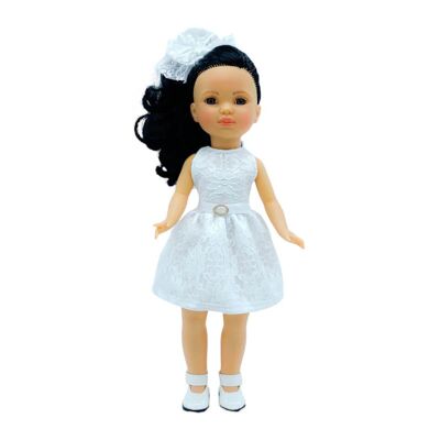Muñeca Simona 40 cm. original 100% vinilo con vestido moda encaje blanco y zapatos de piel.