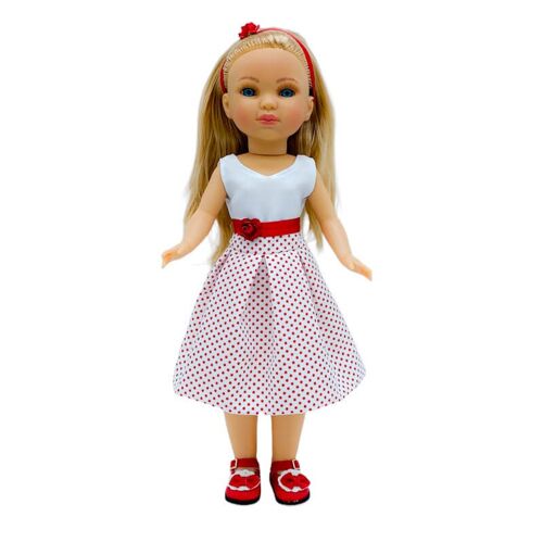 Muñeca Simona 40 cm. original 100% vinilo con vestido moda lunares y zapatos de piel