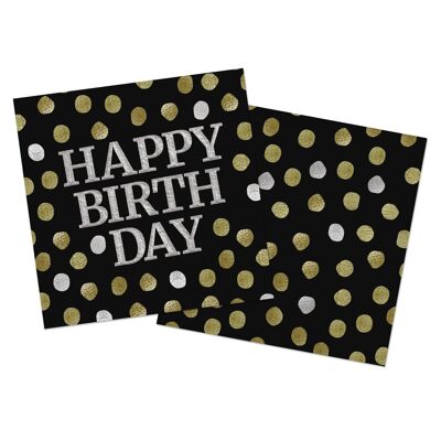 Serviettes Noir Brillant 'Happy Birthday' 33x33cm - 20 pièces