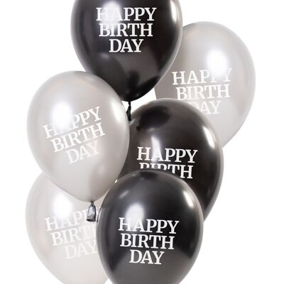 Balloons Glossy Black 'Happy Birthday' 23cm - 6 pieces