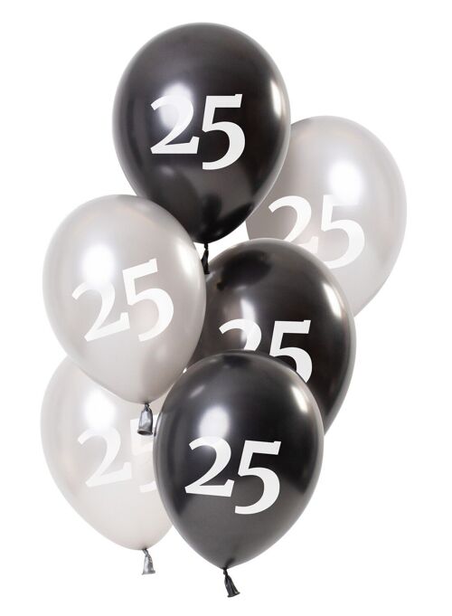 Ballonnen Glossy Black 25 Jaar 23cm - 6 stuks