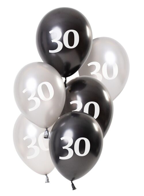 Ballonnen Glossy Black 30 Jaar 23cm - 6 stuks